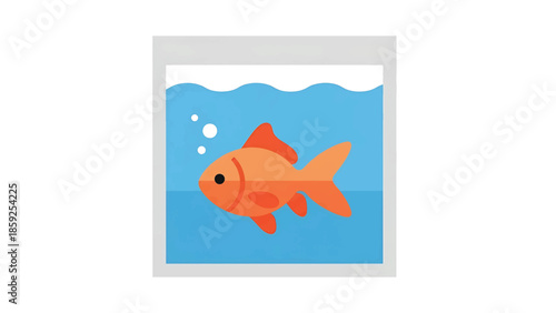 A cartoon-style illustration of an orange goldfish swimming in a rectangular glass tank with blue water and bubbles.  The background is white