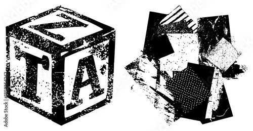 text cube deconstructed black and white vector