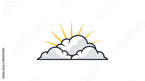 A cartoon-style illustration of layered clouds with a yellow sunburst emanating from behind them. It has a clean white background