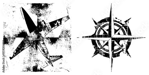 Two compass rose vector graphics distressed black and white