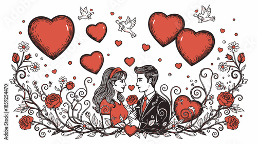 Cute handrawn couple in love embracing, engraving illustration 