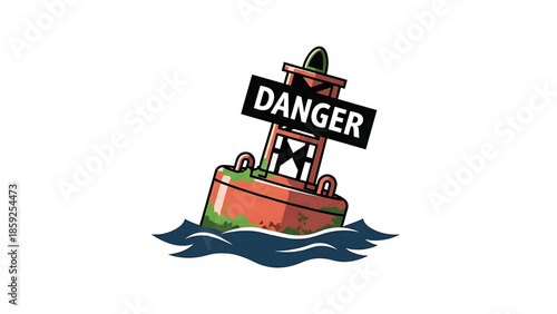 A cartoon image featuring a nautical buoy, colored red, with the word "DANGER" prominently displayed on a sign. It is floating in blue waves