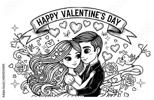 Cute handrawn couple in love embracing, engraving illustration 