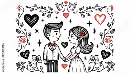 Cute handrawn couple in love embracing, engraving illustration 