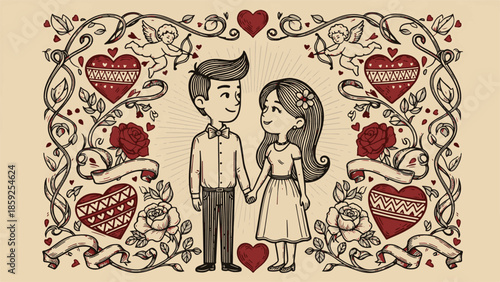 Cute handrawn couple in love embracing, engraving illustration 