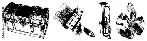 treasure chest paintbrush trumpet compass