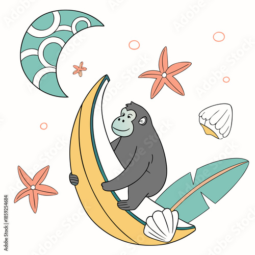 Ocean Dreams themed SVG: Shy Gorilla with sitting on a moon in a Under the Sea environment