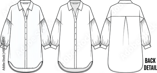Technical fashion sketch of women's oversized button down shirt featuring long puff sleeves and curved hem for apparel manufacturing and design