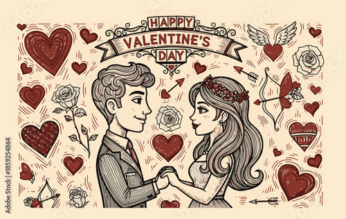 Cute handrawn couple in love embracing, engraving illustration 