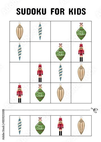 Christmas sudoku puzzle for kids featuring nutcrackers green baubles gold ornaments and striped icicle decorations in festive colors