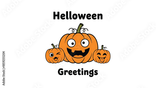 A cartoon image featuring three animated pumpkins with various expressions. The word "Helloween" is at the top, and "Greetings" is at the bottom, all against a white background