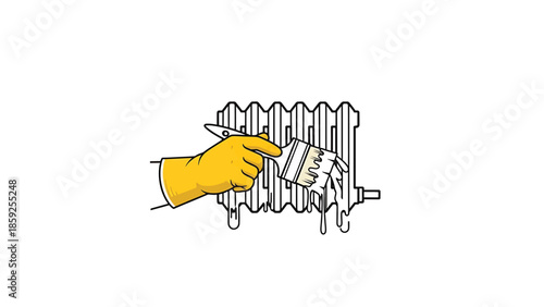 A cartoon illustration depicts a gloved hand painting a radiator with a paintbrush. Paint drips down the radiator, suggesting fresh application