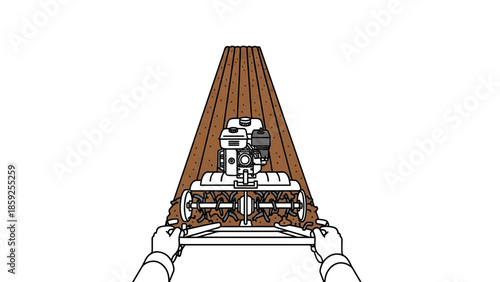 A cartoon illustration depicts a gardening scene. A mechanical tiller with rotating blades cuts into brown earth. Hands hold the tiller