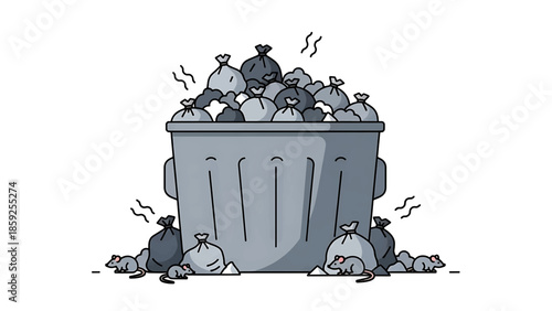 A cartoon illustration depicts a full trash bin with overflowing bags, emitting a smell. Rats scurry around the base, amidst bags of trash. A clear depiction of waste