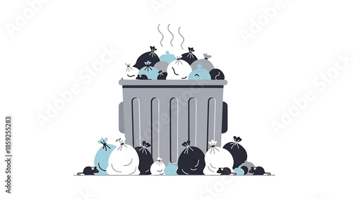 A cartoon illustration depicts a full trash bin with overflowing bags, steam rising, surrounded by smaller bags and rats. The image is clean and minimalistic