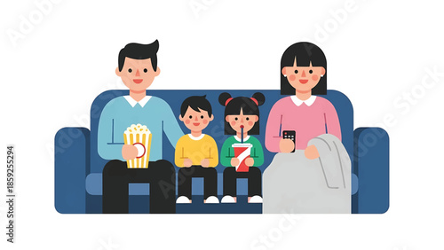 A cartoon illustration depicts a family of four, sitting together on a blue couch, enjoying a movie night at home