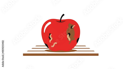 A cartoon image of a red apple with rotten areas and visible worms, placed on a platform made of brown planks, with a white background