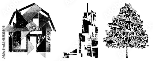 abstract house skyscraper tree collage black white