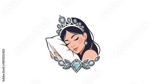 A cartoon image of a woman sleeping peacefully with her head on a pillow. She is adorned with jewels and a crown