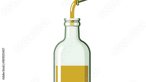 A cartoon illustration depicts a clear glass bottle with a yellow liquid inside. The image shows a stream of liquid pouring into the bottle
