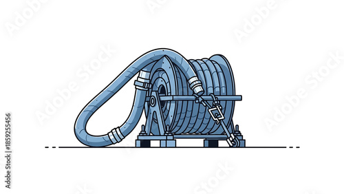 A cartoon illustration depicts a coiled hose connected to a wheeled apparatus, likely for water or other fluids, presented in gray tones