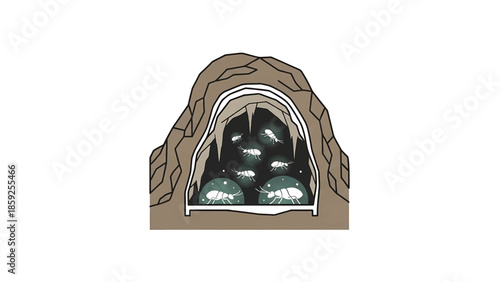 A cartoon illustration depicts a cave entrance with various glowing creatures inside. The cave is dark, with creatures, and a glowing light