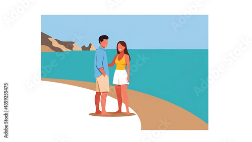 A cartoon illustration depicts a couple on a beach with the sea in the background. The man has an arm around the woman