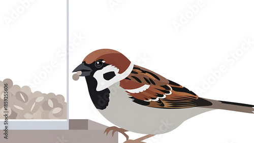 A cartoon sparrow with a brown head, back, and wings sits near a feeder filled with seeds. The bird holds food in its beak