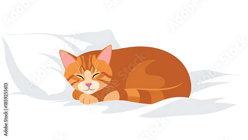 A cartoon image showing a ginger cat sleeping peacefully on a white pillow and bed sheet. Its eyes are closed in peaceful rest