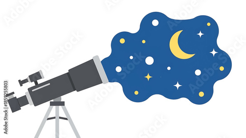 A cartoon telescope peers at a night sky filled with a crescent moon, stars, and celestial specks. The telescope rests on a tripod