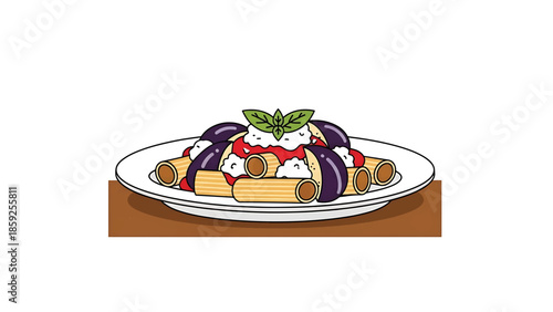 A cartoon illustration presents a plate of pasta with toppings. Cylindrical pasta is arranged on a white plate, complemented by purple vegetables and a basil garnish