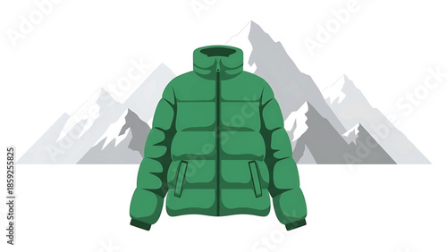 A cartoon illustration presents a vibrant green puffer jacket against a backdrop of stylized, textured gray and white mountains