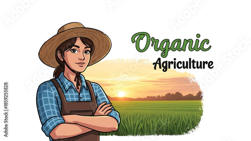 A cartoon-style illustration depicts a woman in a straw hat and overalls standing confidently in front of a sunny field at sunset. Decorative text accents the image