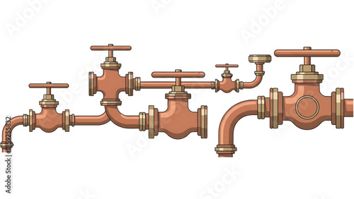 A cartoon illustration showcases a collection of plumbing fixtures with a vintage aesthetic. These fixtures feature valves and pipes, with a copper hue, against a clean white background