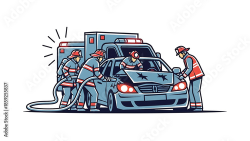 A cartoon-style illustration depicts firefighters at a car accident, with an ambulance in the background. Firefighters are using a hose and inspecting the damaged vehicle