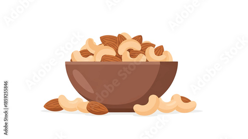 A cartoon illustration showcases a brown bowl filled with almonds and cashews, with some nuts spilled around it on a white background