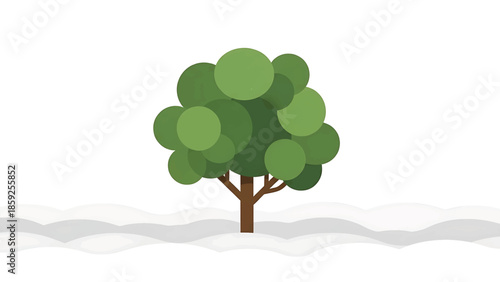 A cartoon tree with a brown trunk and green rounded leaves stands on a snowy ground. The image is on a white background