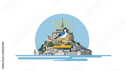 A cartoon-style illustration features a bird in a cage, set against a backdrop of a building on a rocky island, and blue sky
