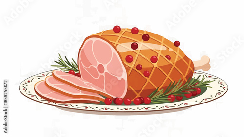 A cartoon illustration showcases a cooked ham garnished with red berries and sprigs of rosemary, presented on a decorative plate, ready to be served