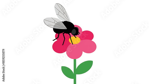 A cartoon-style illustration features a black fly perched on a pink flower with a yellow center. The image is on a pure white background