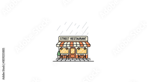 A cartoon illustration of a street restaurant, featuring an awning, tables, and a small tree, and a rainy sky