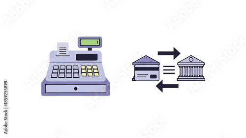 A cartoon illustration showing a cash register and a bank transaction concept with arrows and a credit card