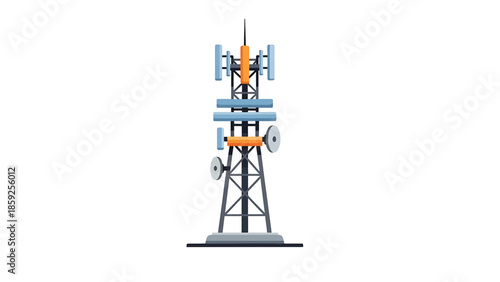 A cartoon illustration of a tall telecommunications tower with antennae and communication devices, set against a plain, white background