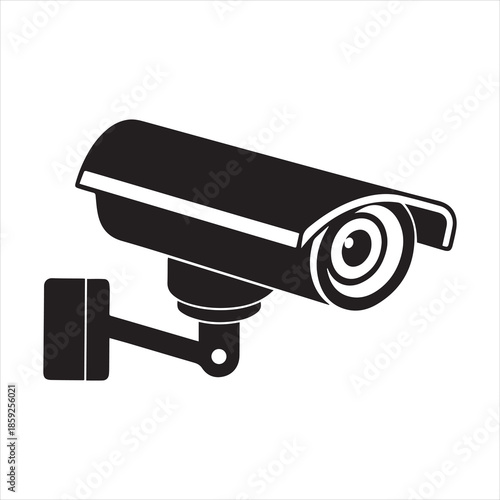 Black silhouette of a modern security surveillance camera mounted on a wall