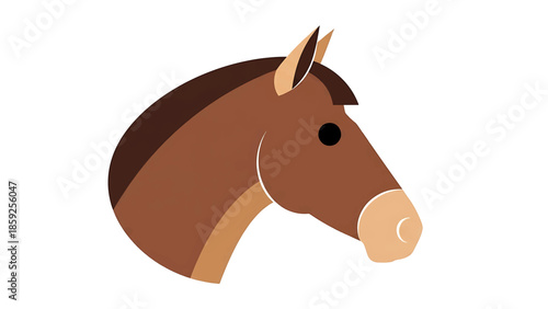 A cartoon-style illustration features a brown horse head against a white background, highlighting its profile. The design uses simple shapes
