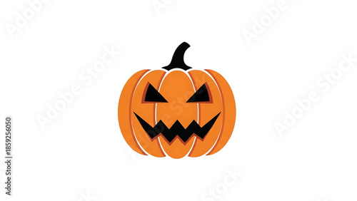 A cartoon-style illustration features a bright orange pumpkin with a carved, jagged grin and triangular eyes, on a white background