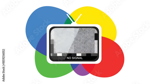 A cartoon TV showing a static screen with "NO SIGNAL" against a backdrop of colorful overlapping circles. It conveys a visual message