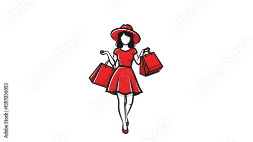 A cartoon lady, sporting a red hat and dress, carries red shopping bags. She walks toward the viewer with her legs slightly apart