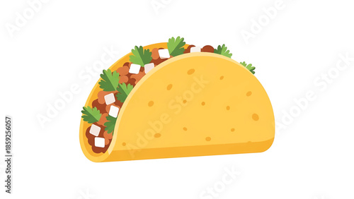 A cartoon illustration of a taco on a white background. It's filled with ground meat, white squares, and green leaves. The shell is golden-yellow
