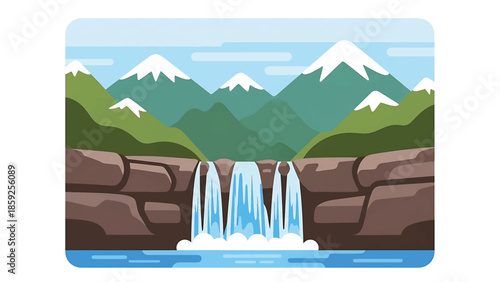 A cartoon waterfall with water cascading over rocky cliffs, surrounded by lush green hills, snow-capped mountains, and a clear blue sky